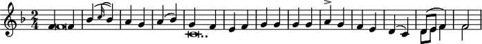 \header { tagline = " "}
\include "arabic.ly"
%1111111111111111111111111111111111
\score {
\new Staff <<
\new Voice
\key fa \major
\relative do' {
\set midiInstrument = #"viola"
\voiceOne
\time 2/4 \tempo "Исонъ фа" fa fa sib(\appoggiatura do16 sib4)
la sol la( sib) \tempo "Исонъ до" sol fa mi fa sol sol sol sol
la^\accent sol fa mi re( do) \tempo "Унисонъ" re8( mi \tempo "Исонъ фа" fa4) fa2
\bar "|"
}
\addlyrics { За пе ча та ну гро бу жи вот от гро ба воз си ял е си Хри сте Бо же }
\new Voice \relative do' {
\set midiInstrument = #"reed organ"
\voiceTwo
fa\breve do\breve.. re8 mi fa4 fa2
}
>>
\layout { }
\midi {
\context {
\Staff
\remove "Staff_performer"
}
\context {
\Voice
\consists "Staff_performer"
}
\context {
\Score
tempoWholesPerMinute = #(ly:make-moment 58 2)
}
}
}