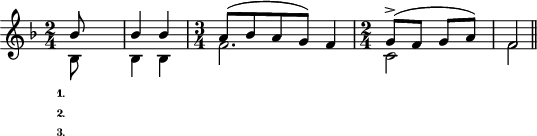 
\header {tagline = "  "} 
\include "arabic.ly"
%3333333333333333333333333333333333333
\layout {
 
 \context {
    \Score
    \override SpacingSpanner.spacing-increment = 0.15
    \override SpacingSpanner.uniform-stretching = ##t
 %   \override SpacingSpanner.strict-note-spacing = ##t
    \override SpacingSpanner.base-shortest-duration = #(ly:make-moment 1/100000000)
  }
}
\score {
  \new Staff <<
    \new Voice 
    \key fa \major
    \relative do'' {
      \set midiInstrument = #"viola"
      \voiceOne 
   
   \time 2/4   
   
    \partial 4 sib8 s8 |
    sib4 sib 
     \time 3/4 la8( sib la sol) fa4
     \time 2/4 sol8(^\accent fa sol la) fa2
    
    
    \bar "||"
    
    }
\addlyrics { \set stanza = "1." 
             προσ φε ρου σι Χρι στε μου }
\addlyrics { \set stanza = "2." 
             που ε δυ Σου το κα λλος }
\addlyrics { \set stanza = "3." 
             ε λε η σον τον κο σμον }

   \new Voice \relative do' {
      \set midiInstrument = #"reed organ"
      \voiceTwo
 sib8 s8 sib4 sib  fa'2. do2 fa2
    }
  >>
\layout { }
\midi {
    \context {
      \Staff
      \remove "Staff_performer"
    }
    \context {
      \Voice
      \consists "Staff_performer"
    }
    \context {
      \Score
      tempoWholesPerMinute = #(ly:make-moment 58 2)
    }
  }
}
