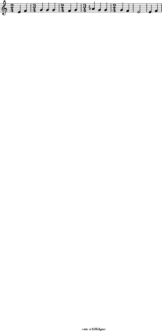  
\include "arabic.ly"
\score {
\relative do' { \time 2/4 mi4 fa \time 3/4 \tempo "Исон соль" sol sol sol \time 2/4 fa sol \time 3/4 lasb sol sol \time 2/4 \tempo "Унисон" sol fa mi2 mi4 fa  } 
\addlyrics { кБо го ро ди це съу ми ле ни ем при па дем вси грех ми об ре ме нен ни и чу до твор ну ю Ея и ко ну У ми ле - - ни я об ло бы за ю ще и во пи ю ще со сле за ми Вла ды чи це при и ми мо ле ни е не до стой ных раб Твоих и по даждь нам про ся щим ве ли ю ми - - - - лость }


\layout {

        }
\midi { 
       \tempo 2 = 72
       }
}
