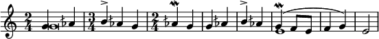 
#(set! paper-alist (cons '("my-size" . (cons (* 6 in) (* 4 in))) paper-alist))
\paper {
  #(set-paper-size "my-size")
  indent = 0\mm
  system-system-spacing.basic-distance = #15
  score-system-spacing =
    #'((basic-distance . 20)
       (minimum-distance . 18)
       (padding . 2)
       (stretchability . 18))
}
\layout {
 
 \context {
    \Score
    \override SpacingSpanner.spacing-increment = 0.15
    \override SpacingSpanner.uniform-stretching = ##t
 %   \override SpacingSpanner.strict-note-spacing = ##t
    \override SpacingSpanner.base-shortest-duration = #(ly:make-moment 1/100000000)
  }
}
\header { tagline = "  "} 

\include "arabic.ly"



%22222222222222222222222222222222222222222

\score {
  \new Staff <<
    \new Voice 
    \relative sol' {
      \set midiInstrument = #"viola"
      \voiceOne 
   
\time 2/4 sol4 lasb \time 3/4 si^\accent lasb sol
\time 2/4 lasb^\mordent sol sol lasb si^\accent lasb
\tempo "Исонъ ми" sol(^\mordent fa8 mi fa4 sol) mi2
\bar "|"
}
\addlyrics { и об рѣт ши я ка мень от ва ленъ от гро ба }

   \new Voice \relative sol' {
      \set midiInstrument = #"reed organ"
      \voiceTwo
sol\breve s2. mi1
    }



>>
\layout { }
\midi {
    \context {
      \Staff
      \remove "Staff_performer"
    }
    \context {
      \Voice
      \consists "Staff_performer"
    }
    \context {
      \Score
      tempoWholesPerMinute = #(ly:make-moment 58 2)
    }
  }
}
