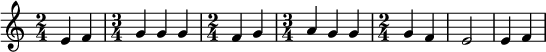  
\relative c' { \time 2/4 e4 f \time 3/4 g g g \time 2/4 f g \time 3/4 a g g \time 2/4 g f e2 e4 f \tempo "исон соль" } 
\addlyrics { кБо го ро ди це съу ми ле ни ем при па дем вси грех ми об ре ме нен ни и чу до твор ну ю Ея и ко ну У ми ле - - ни я об ло бы за ю ще и во пи ю ще со сле за ми Вла ды чи це при и ми мо ле ни е не до стой ных раб Твоих и по даждь нам про ся щим ве ли ю ми - - - - лость }
