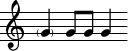 
\include "lilypond-book-preamble.ly"
\paper {
  indent = 0\mm
  line-width = 160\mm
  % offset the left padding, also add 1mm as lilypond creates cropped
  % images with a little space on the right
  line-width = #(- line-width (* mm  3.000000) (* mm 1))
  line-width = 160\mm - 2.0 * 10.16\mm
  % offset the left padding, also add 1mm as lilypond creates cropped
  % images with a little space on the right
  line-width = #(- line-width (* mm  3.000000) (* mm 1))
}
\include "arabic.ly"
\relative sol' { 
\parenthesize sol4 sol8 sol8 sol4
}

\layout {
  \context {
    \Staff
    \remove "Time_signature_engraver"
  }
}
