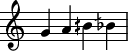 
\include "lilypond-book-preamble.ly"
\paper {
  indent = 0\mm
  line-width = 160\mm
  % offset the left padding, also add 1mm as lilypond creates cropped
  % images with a little space on the right
  line-width = #(- line-width (* mm  3.000000) (* mm 1))
  line-width = 160\mm - 2.0 * 10.16\mm
  % offset the left padding, also add 1mm as lilypond creates cropped
  % images with a little space on the right
  line-width = #(- line-width (* mm  3.000000) (* mm 1))
}
\include "arabic.ly"
\relative sol' {
sol la sisd sisb
}

\layout {
  \context {
    \Staff
    \remove "Time_signature_engraver"
  }
}
