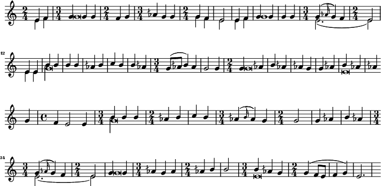  
\paper {
  indent = 0\mm
  system-system-spacing.basic-distance = #15
  score-system-spacing =
    #'((basic-distance . 20)
       (minimum-distance . 18)
       (padding . 2)
       (stretchability . 18))
}


\header {
tagline = "  "
} 

\include "arabic.ly"
\score {
  \new Staff <<
    \new Voice \relative do' {
      \set midiInstrument = #"viola"
      \voiceOne
\time 2/4 mi4 fa \time 3/4 \tempo "Исон соль" sol sol sol \time 2/4 fa sol \time 3/4 lasb sol sol \time 2/4 \tempo "Унисон" sol fa mi2 mi4 \tempo "Исон соль" fa sol sol sol sol \time 3/4 \tempo "Исон ми" sol4( \appoggiatura lasb16 sol4) fa4 \time 2/4 mi2 \tempo "Унисон" mi4 mi \tempo "Исон соль" si' si si si lasb si do si si lasb \time 3/4 sol8( lasb si4) lasb sol2 sol4 \time 2/4 sol lasb si lasb lasb sol sol lasb \tempo "Исон ми" si lasb lasb | \break sol \time 4/4 fa mi2 mi4 \time 3/4 \tempo "Исон соль" si' si si \time 2/4 lasb si do si \time 3/4 lasb4( \appoggiatura si16 lasb4) sol4 \time 2/4 sol2 sol4 lasb si lasb \time 3/4 \tempo "Исон ми" sol4( \appoggiatura lasb16 sol4) fa4 \time 2/4 mi2 \tempo "Исон соль" sol4 sol \time 3/4 lasb sol lasb \time 2/4 lasb~ si si2 \time 3/4 \tempo "Исон ми" si4 lasb sol \time 2/4 sol( fa8 mi fa4 sol) mi2. }
\addlyrics { кБо го ро ди це съу ми ле ни ем при па дем вси грех ми об ре ме нен ни и чу до твор ну ю Е я и ко ну У ми ле ни я об ло бы за ю ще и во пи ю ще со сле за ми Вла ды чи це при и ми мо ле ни е не до стой ных раб Тво их и по даждь нам про ся щим ве ли ю ми лость }

   \new Voice \relative do' {
      \set midiInstrument = #"reed organ"
      \voiceTwo
mi4 fa sol\breve sol4 fa mi2 mi4 fa sol1 mi2.( mi2) mi4 mi sol\longa sol\breve mi\breve sol\longa mi2. ~ mi2 sol\breve s4 mi\breve
    }
  >>
\layout { }
\midi {
    \context {
      \Staff
      \remove "Staff_performer"
    }
    \context {
      \Voice
      \consists "Staff_performer"
    }
    \context {
      \Score
      tempoWholesPerMinute = #(ly:make-moment 58 2)
    }
  }
}
