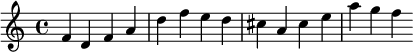 \relative c' { f d f a d f e d cis a cis e a g f }