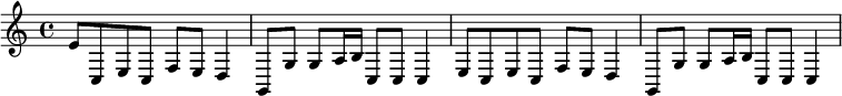 { \relative c' e8 c e c f e d4 g,8 g g a16 b c8 c c4 e8 c e c f e d4 g,8 g g a16 b c8 c c4 }