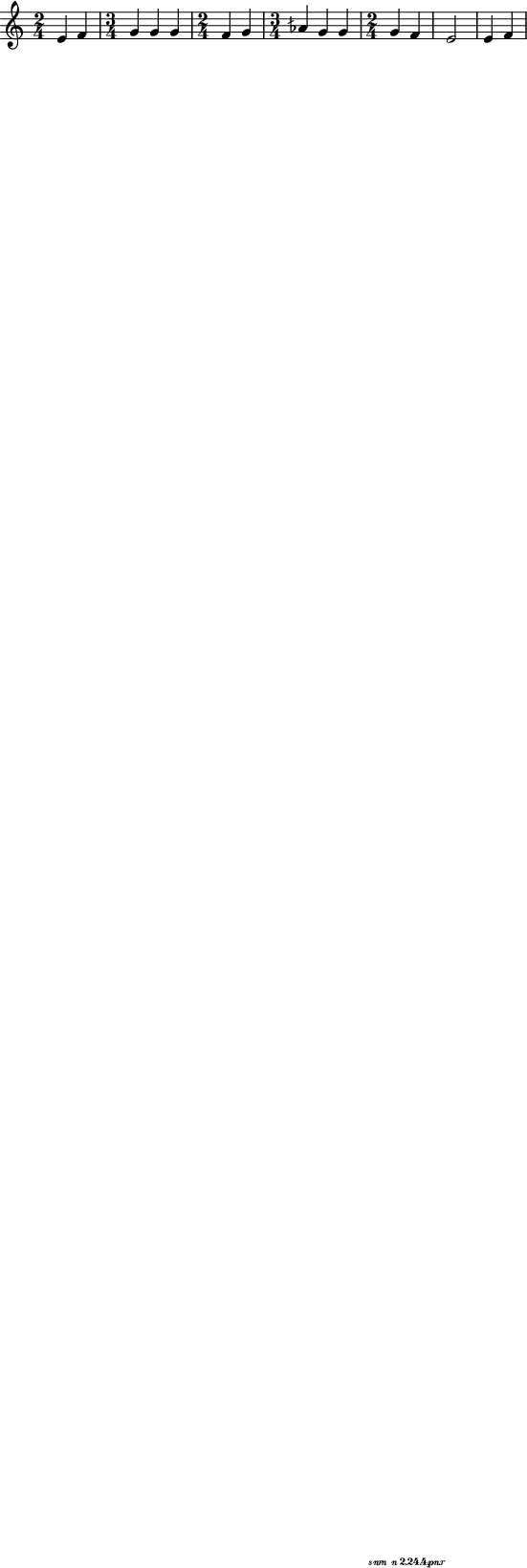  
\paper {
  #(set-paper-size "tabloid")
}
\include "arabic.ly"
\score {
\relative do' { \time 2/4 mi4 fa \time 3/4 \tempo "Исон соль" sol sol sol \time 2/4 fa sol \time 3/4 lasb sol sol \time 2/4 \tempo "Унисон" sol fa mi2 mi4 fa  } 
\addlyrics { кБо го ро ди це съу ми ле ни ем при па дем вси грех ми об ре ме нен ни и чу до твор ну ю Ея и ко ну У ми ле - - ни я об ло бы за ю ще и во пи ю ще со сле за ми Вла ды чи це при и ми мо ле ни е не до стой ных раб Твоих и по даждь нам про ся щим ве ли ю ми - - - - лость }


\layout {

        }
\midi { 
       \tempo 2 = 72
       }
}
