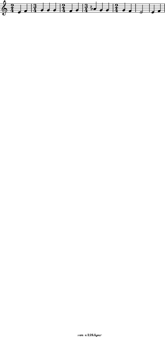 \include "arabic.ly"
\score {
\relative do' { \time 2/4 mi4 fa \time 3/4 \tempo "Исон соль" sol sol sol \time 2/4 fa sol \time 3/4 lasb sol sol \time 2/4 \tempo "Унисон" sol fa mi2 mi4 fa }
\addlyrics { кБо го ро ди це съу ми ле ни ем при па дем вси грех ми об ре ме нен ни и чу до твор ну ю Ея и ко ну У ми ле - - ни я об ло бы за ю ще и во пи ю ще со сле за ми Вла ды чи це при и ми мо ле ни е не до стой ных раб Твоих и по даждь нам про ся щим ве ли ю ми - - - - лость }
\layout {
indent = 2\cm
}
\midi {
\tempo 2 = 72
}
}