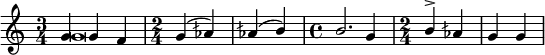 
#(set! paper-alist (cons '("my-size" . (cons (* 6 in) (* 4 in))) paper-alist))
\paper {
  #(set-paper-size "my-size")
  indent = 0\mm
  system-system-spacing.basic-distance = #15
  score-system-spacing =
    #'((basic-distance . 20)
       (minimum-distance . 18)
       (padding . 2)
       (stretchability . 18))
}
\layout {
 
 \context {
    \Score
    \override SpacingSpanner.spacing-increment = 0.15
    \override SpacingSpanner.uniform-stretching = ##t
 %   \override SpacingSpanner.strict-note-spacing = ##t
    \override SpacingSpanner.base-shortest-duration = #(ly:make-moment 1/100000000)
  }
}
\header { tagline = "  "} 

\include "arabic.ly"




%8888888888888888888888888888888

\score {
  \new Staff <<
    \new Voice 
    \relative sol' {
      \set midiInstrument = #"viola"
      \voiceOne 
   
\time 3/4 \tempo "Исонъ соль" sol4 sol fa
\time 2/4 sol( lasb) lasb( si) \time 4/4 si2.
sol4 \time 2/4 si^\accent lasb sol sol

 
\bar "|"
}
\addlyrics { я ко есть сынъ Бо га спа са ю ща го родъ че ло вѣ че скій }

   \new Voice \relative sol' {
      \set midiInstrument = #"reed organ"
      \voiceTwo
sol\breve
    }



>>
\layout { }
\midi {
    \context {
      \Staff
      \remove "Staff_performer"
    }
    \context {
      \Voice
      \consists "Staff_performer"
    }
    \context {
      \Score
      tempoWholesPerMinute = #(ly:make-moment 58 2)
    }
  }
}
