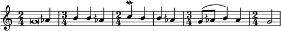 
#(set! paper-alist (cons '("my-size" . (cons (* 6 in) (* 4 in))) paper-alist))
\paper {
  #(set-paper-size "my-size")
  indent = 0\mm
  system-system-spacing.basic-distance = #15
  score-system-spacing =
    #'((basic-distance . 20)
       (minimum-distance . 18)
       (padding . 2)
       (stretchability . 18))
}
\layout {
 
 \context {
    \Score
    \override SpacingSpanner.spacing-increment = 0.15
    \override SpacingSpanner.uniform-stretching = ##t
 %   \override SpacingSpanner.strict-note-spacing = ##t
    \override SpacingSpanner.base-shortest-duration = #(ly:make-moment 1/100000000)
  }
}
\header { tagline = "  "} 

\include "arabic.ly"




%666666666666666666666666666666666666

\score {
  \new Staff <<
    \new Voice 
    \relative sol' {
      \set midiInstrument = #"viola"
      \voiceOne 
   
\time 2/4 \tempo "Исонъ соль" s4 lasb4  \time 3/4 si si lasb
\time 2/4 do^\mordent si si lasb 
\time 3/4 sol8( lasb si4) lasb \time 2/4 sol2

 
\bar "|"
}
\addlyrics { те цы те и мі ру про по вѣ ди те }

   \new Voice \relative sol' {
      \set midiInstrument = #"reed organ"
      \voiceTwo
sol\breve
    }



>>
\layout { }
\midi {
    \context {
      \Staff
      \remove "Staff_performer"
    }
    \context {
      \Voice
      \consists "Staff_performer"
    }
    \context {
      \Score
      tempoWholesPerMinute = #(ly:make-moment 58 2)
    }
  }
}
