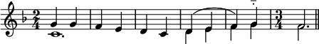 #(set! paper-alist (cons '("my-size" . (cons (* 6 in) (* 4 in))) paper-alist))
\paper {
#(set-paper-size "my-size")
indent = 0\mm
system-system-spacing.basic-distance = #15
score-system-spacing =
#'((basic-distance . 20)
(minimum-distance . 18)
(padding . 2)
(stretchability . 18))
}
\layout {
\context {
\Score
\override SpacingSpanner.spacing-increment = 0.15
\override SpacingSpanner.uniform-stretching = ##t
% \override SpacingSpanner.strict-note-spacing = ##t
\override SpacingSpanner.base-shortest-duration = #(ly:make-moment 1/100000000)
}
}
\header { tagline = " "}
\include "arabic.ly"
%444444444444444444444444444444444444444
\score {
\new Staff <<
\new Voice
\key fa \major
\relative do'' {
\set midiInstrument = #"viola"
\voiceOne
\time 2/4 \tempo "Исонъ до" sol4 sol fa mi re do re( mi fa)
sol^\portato \time 3/4 fa2.
\bar "||"
}
\addlyrics { по ве ли цей Тво ей ми ло сти }
\new Voice \relative do' {
\set midiInstrument = #"reed organ"
\voiceTwo
do1. re4 mi fa sol fa2.
}
>>
\layout { }
\midi {
\context {
\Staff
\remove "Staff_performer"
}
\context {
\Voice
\consists "Staff_performer"
}
\context {
\Score
tempoWholesPerMinute = #(ly:make-moment 58 2)
}
}
}