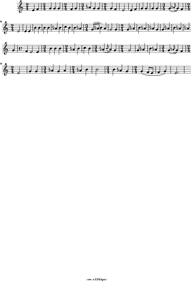  
\include "arabic.ly"
\score {
\relative do' { \time 2/4 mi4 fa \time 3/4 \tempo "Исон соль" sol sol sol \time 2/4 fa sol \time 3/4 lasb sol sol \time 2/4 \tempo "Унисон" sol fa mi2 mi4 \tempo "Исон соль" fa sol sol sol sol \time 3/4 \tempo "Исон ми" sol4( \appoggiatura lasb16 sol4) fa4 \time 2/4 mi2 \tempo "Унисон" mi4 mi \tempo "Исон соль" si' si si si lasb si do si si lasb \time 3/4 sol8( lasb si4) lasb sol2 sol4 \time 2/4 sol lasb si lasb lasb sol sol lasb \tempo "Исон ми" si lasb lasb | \break sol \time 4/4 fa mi2 mi4 \time 3/4 \tempo "Исон соль" si' si si \time 2/4 lasb si do si \time 3/4 lasb4( \appoggiatura si16 lasb4) sol4 \time 2/4 sol2 sol4 lasb si lasb \time 3/4 \tempo "Исон ми" sol4( \appoggiatura lasb16 sol4) fa4 \time 2/4 mi2 \tempo "Исон соль" sol4 sol \time 3/4 lasb sol lasb \time 2/4 lasb~ si si2 \time 3/4 \tempo "Исон ми" si4 lasb sol \time 2/4 sol( fa8 mi fa4 sol) mi2.  } 
\addlyrics { кБо го ро ди це съу ми ле ни ем при па дем вси грех ми об ре ме нен ни и чу до твор ну ю Е я и ко ну У ми ле ни я об ло бы за ю ще и во пи ю ще со сле за ми Вла ды чи це при и ми мо ле ни е не до стой ных раб Тво их и по даждь нам про ся щим ве ли ю ми лость }


\layout {

        }
\midi { 
       \tempo 2 = 72
       }
}
