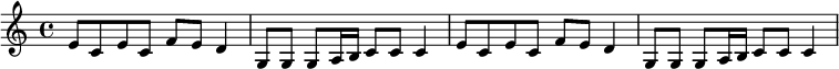 \relative c' { e8 c e c f e d4 g,8 g g a16 b c8 c c4 e8 c e c f e d4 g,8 g g a16 b c8 c c4 }
