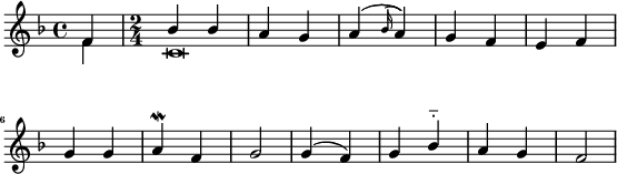 #(set! paper-alist (cons '("my-size" . (cons (* 6 in) (* 4 in))) paper-alist))
\paper {
#(set-paper-size "my-size")
indent = 0\mm
system-system-spacing.basic-distance = #15
score-system-spacing =
#'((basic-distance . 20)
(minimum-distance . 18)
(padding . 2)
(stretchability . 18))
}
\layout {
\context {
\Score
\override SpacingSpanner.spacing-increment = 0.15
\override SpacingSpanner.uniform-stretching = ##t
% \override SpacingSpanner.strict-note-spacing = ##t
\override SpacingSpanner.base-shortest-duration = #(ly:make-moment 1/100000000)
}
}
\header { tagline = " "}
\include "arabic.ly"
%22222222222222222222222222222222222222222
\score {
\new Staff <<
\new Voice
\key fa \major
\relative do' {
\set midiInstrument = #"viola"
\voiceOne
\partial 4 fa4 \tempo "Исонъ до" \time 2/4 sib sib la sol la(\appoggiatura sib16 la4) sol fa mi fa sol sol la^\mordent fa sol2 sol4( fa) sol sib^\portato la sol fa2
\bar "|"
}
\addlyrics { и две рем за клю чен ным у че ни ком пред стал е си всех Вос кре се ни е }
\new Voice \relative do' {
\set midiInstrument = #"reed organ"
\voiceTwo
\partial 4 fa4 do\breve
}
>>
\layout { }
\midi {
\context {
\Staff
\remove "Staff_performer"
}
\context {
\Voice
\consists "Staff_performer"
}
\context {
\Score
tempoWholesPerMinute = #(ly:make-moment 58 2)
}
}
}