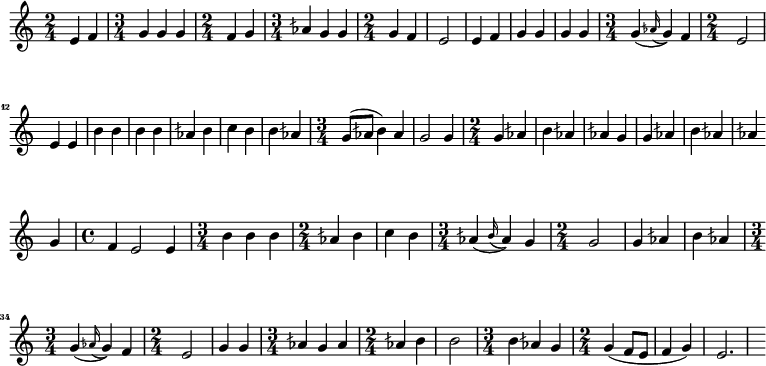 \paper {
indent = 0\mm
system-system-spacing.basic-distance = #15
score-system-spacing =
#'((basic-distance . 20)
(minimum-distance . 18)
(padding . 2)
(stretchability . 18))
}
\header {
tagline = " "
}
\include "arabic.ly"
\score {
\relative do' { \time 2/4 mi4 fa \time 3/4 \tempo "Исон соль" sol sol sol \time 2/4 fa sol \time 3/4 lasb sol sol \time 2/4 \tempo "Унисон" sol fa mi2 mi4 \tempo "Исон соль" fa sol sol sol sol \time 3/4 \tempo "Исон ми" sol4( \appoggiatura lasb16 sol4) fa4 \time 2/4 mi2 \tempo "Унисон" mi4 mi \tempo "Исон соль" si' si si si lasb si do si si lasb \time 3/4 sol8( lasb si4) lasb sol2 sol4 \time 2/4 sol lasb si lasb lasb sol sol lasb \tempo "Исон ми" si lasb lasb | \break sol \time 4/4 fa mi2 mi4 \time 3/4 \tempo "Исон соль" si' si si \time 2/4 lasb si do si \time 3/4 lasb4( \appoggiatura si16 lasb4) sol4 \time 2/4 sol2 sol4 lasb si lasb \time 3/4 \tempo "Исон ми" sol4( \appoggiatura lasb16 sol4) fa4 \time 2/4 mi2 \tempo "Исон соль" sol4 sol \time 3/4 lasb sol lasb \time 2/4 lasb~ si si2 \time 3/4 \tempo "Исон ми" si4 lasb sol \time 2/4 sol( fa8 mi fa4 sol) mi2. }
\addlyrics { кБо го ро ди це съу ми ле ни ем при па дем вси грех ми об ре ме нен ни и чу до твор ну ю Е я и ко ну У ми ле ни я об ло бы за ю ще и во пи ю ще со сле за ми Вла ды чи це при и ми мо ле ни е не до стой ных раб Тво их и по даждь нам про ся щим ве ли ю ми лость }
\layout {
}
\midi {
\tempo 2 = 72
}
}