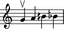 
\include "lilypond-book-preamble.ly"
\paper {
  indent = 0\mm
  line-width = 160\mm
  % offset the left padding, also add 1mm as lilypond creates cropped
  % images with a little space on the right
  line-width = #(- line-width (* mm  3.000000) (* mm 1))
  line-width = 160\mm - 2.0 * 10.16\mm
  % offset the left padding, also add 1mm as lilypond creates cropped
  % images with a little space on the right
  line-width = #(- line-width (* mm  3.000000) (* mm 1))
}
\include "arabic.ly"
\relative sol' {
sol\upbow la sisd sisb
}

\layout {
  \context {
    \Staff
    \remove "Time_signature_engraver"
  }
}
