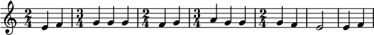  
\relative c' { \time 2/4 e4 f \time 3/4 g g g \time 2/4 f g \time 3/4 a g g \time 2/4 \tempo "Унисон" g f e2 e4 f  } 
\addlyrics { кБо го ро ди це съу ми ле ни ем при па дем вси грех ми об ре ме нен ни и чу до твор ну ю Ея и ко ну У ми ле - - ни я об ло бы за ю ще и во пи ю ще со сле за ми Вла ды чи це при и ми мо ле ни е не до стой ных раб Твоих и по даждь нам про ся щим ве ли ю ми - - - - лость }
