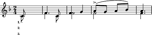 
\header {tagline = "  "} 
\include "arabic.ly"
%22222222222222222222222222222222222222222
\layout {
 
 \context {
    \Score
    \override SpacingSpanner.spacing-increment = 0.2
    \override SpacingSpanner.uniform-stretching = ##t
 %   \override SpacingSpanner.strict-note-spacing = ##t
    \override SpacingSpanner.base-shortest-duration = #(ly:make-moment 1/100000000)
  }
}
\score {
  \new Staff <<
    \new Voice 
    \key fa \major
    \relative do' {
      \set midiInstrument = #"viola"
      \voiceOne 
   
   \time 2/4   
   \partial 4 \parenthesize do8 s8 |
    fa4. do8
    fa4 sol
    
    la8(^\accent sol la sib) la4.     
    
    \bar "|"
    
    }
\addlyrics { \set stanza = "1." 
             - υ μνον τη τα φη Σου }
\addlyrics { \set stanza = "2." 
             γλυ κυ τα τον μου Τε κνον }
\addlyrics { \set stanza = "3." 
             Πα τηρ Υι ος και Πνευ μα }

   \new Voice \relative do' {
      \set midiInstrument = #"reed organ"
      \voiceTwo
do8 s8 fa4. do8 fa2 fa2 fa4. 
    }
  >>
\layout { }
\midi {
    \context {
      \Staff
      \remove "Staff_performer"
    }
    \context {
      \Voice
      \consists "Staff_performer"
    }
    \context {
      \Score
      tempoWholesPerMinute = #(ly:make-moment 58 2)
    }
  }
}
