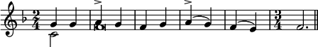 #(set! paper-alist (cons '("my-size" . (cons (* 6 in) (* 4 in))) paper-alist))
\paper {
#(set-paper-size "my-size")
indent = 0\mm
system-system-spacing.basic-distance = #15
score-system-spacing =
#'((basic-distance . 20)
(minimum-distance . 18)
(padding . 2)
(stretchability . 18))
}
\layout {
\context {
\Score
\override SpacingSpanner.spacing-increment = 0.15
\override SpacingSpanner.uniform-stretching = ##t
% \override SpacingSpanner.strict-note-spacing = ##t
\override SpacingSpanner.base-shortest-duration = #(ly:make-moment 1/100000000)
}
}
\header { tagline = " "}
\include "arabic.ly"
%44444455555555555555555
\score {
\new Staff <<
\new Voice
\key fa \major
\relative do'' {
\set midiInstrument = #"viola"
\voiceOne
\time 2/4 \tempo "Исонъ до" sol4 sol
\tempo "Исонъ фа" la^\accent sol fa sol la^\accent( sol) fa( mi) \time 3/4 fa2.
\bar "||"
}
\addlyrics { по ве ли цей Тво ей ми ло сти }
\new Voice \relative do' {
\set midiInstrument = #"reed organ"
\voiceTwo
do2 fa\breve
}
>>
\layout { }
\midi {
\context {
\Staff
\remove "Staff_performer"
}
\context {
\Voice
\consists "Staff_performer"
}
\context {
\Score
tempoWholesPerMinute = #(ly:make-moment 58 2)
}
}
}