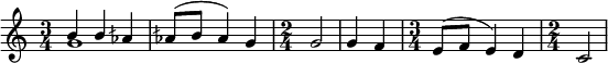 
#(set! paper-alist (cons '("my-size" . (cons (* 6 in) (* 4 in))) paper-alist))
\paper {
  #(set-paper-size "my-size")
  indent = 0\mm
  system-system-spacing.basic-distance = #15
  score-system-spacing =
    #'((basic-distance . 20)
       (minimum-distance . 18)
       (padding . 2)
       (stretchability . 18))
}
\layout {
 
 \context {
    \Score
    \override SpacingSpanner.spacing-increment = 0.15
    \override SpacingSpanner.uniform-stretching = ##t
 %   \override SpacingSpanner.strict-note-spacing = ##t
    \override SpacingSpanner.base-shortest-duration = #(ly:make-moment 1/100000000)
  }
}
\header { tagline = "  "} 

\include "arabic.ly"



%777777777777777777777777777777

\score {
  \new Staff <<
    \new Voice 
    \relative sol' {
      \set midiInstrument = #"viola"
      \voiceOne 
   
\time 3/4 \tempo "Исонъ соль" si4 si lasb 
lasb8( si lasb4) sol \time 2/4 sol2
\tempo "Исонъ до" sol4 fa \time 3/4 mi8( fa mi4) re 
\time 2/4 do2

 
\bar "|"
}
\addlyrics { я ко во ста Го сподь у мерт ви вый смерть }

   \new Voice \relative sol' {
      \set midiInstrument = #"reed organ"
      \voiceTwo
sol1
    }



>>
\layout { }
\midi {
    \context {
      \Staff
      \remove "Staff_performer"
    }
    \context {
      \Voice
      \consists "Staff_performer"
    }
    \context {
      \Score
      tempoWholesPerMinute = #(ly:make-moment 58 2)
    }
  }
}
